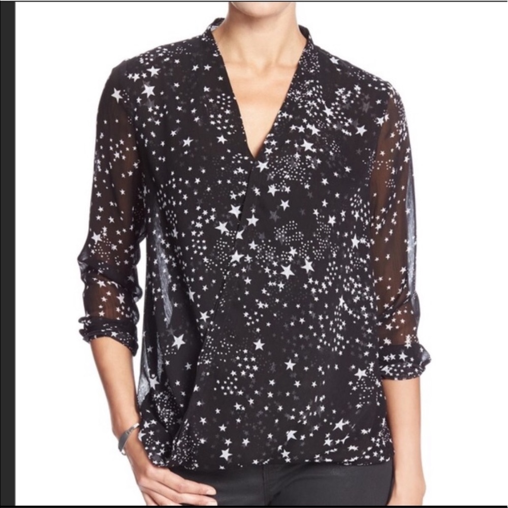Banana Republic Black Blouse with White Stars Long Sleeves Extra Small